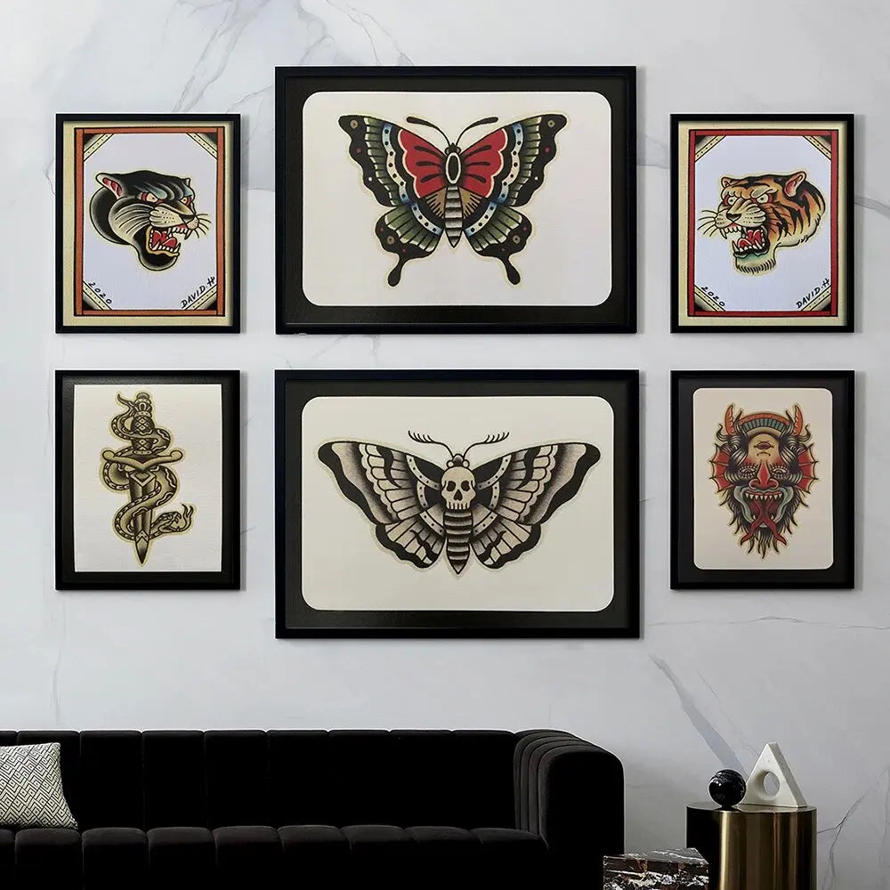 Scandinavian classic vintage wall art fangs flowers butterfly tattoos skulls HD canvas poster prints home bedroom living room de