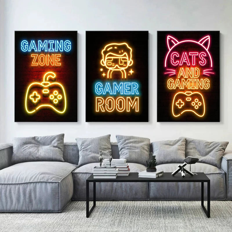 Neon Art Happy Gaming Zone Games Room Poster Print Canvas Painting Gamer Office Wall Art For Boy Bedroom Home Decor No LED