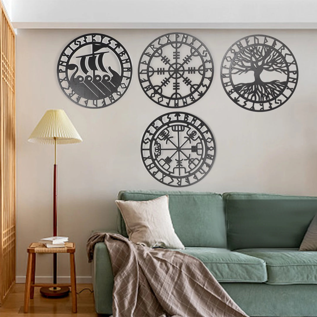 4PCS Set, Round Wooden Celtic Family Tree Wall Art, Nordic Viking Runes Wall Décor