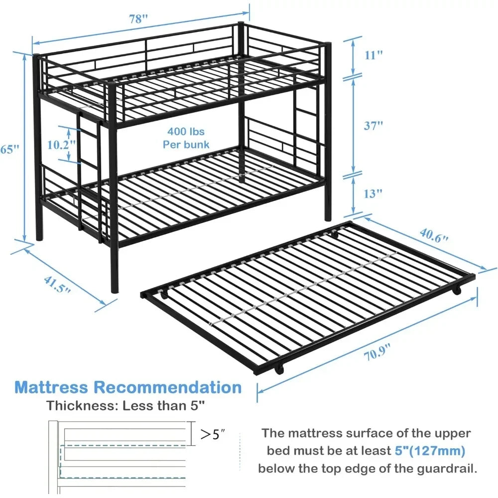 Twin Over Twin Bunk Bed with Trundle, Metal Bunkbeds with Ladder and Full-Length Guardrail, No Box Spring Needed, Black