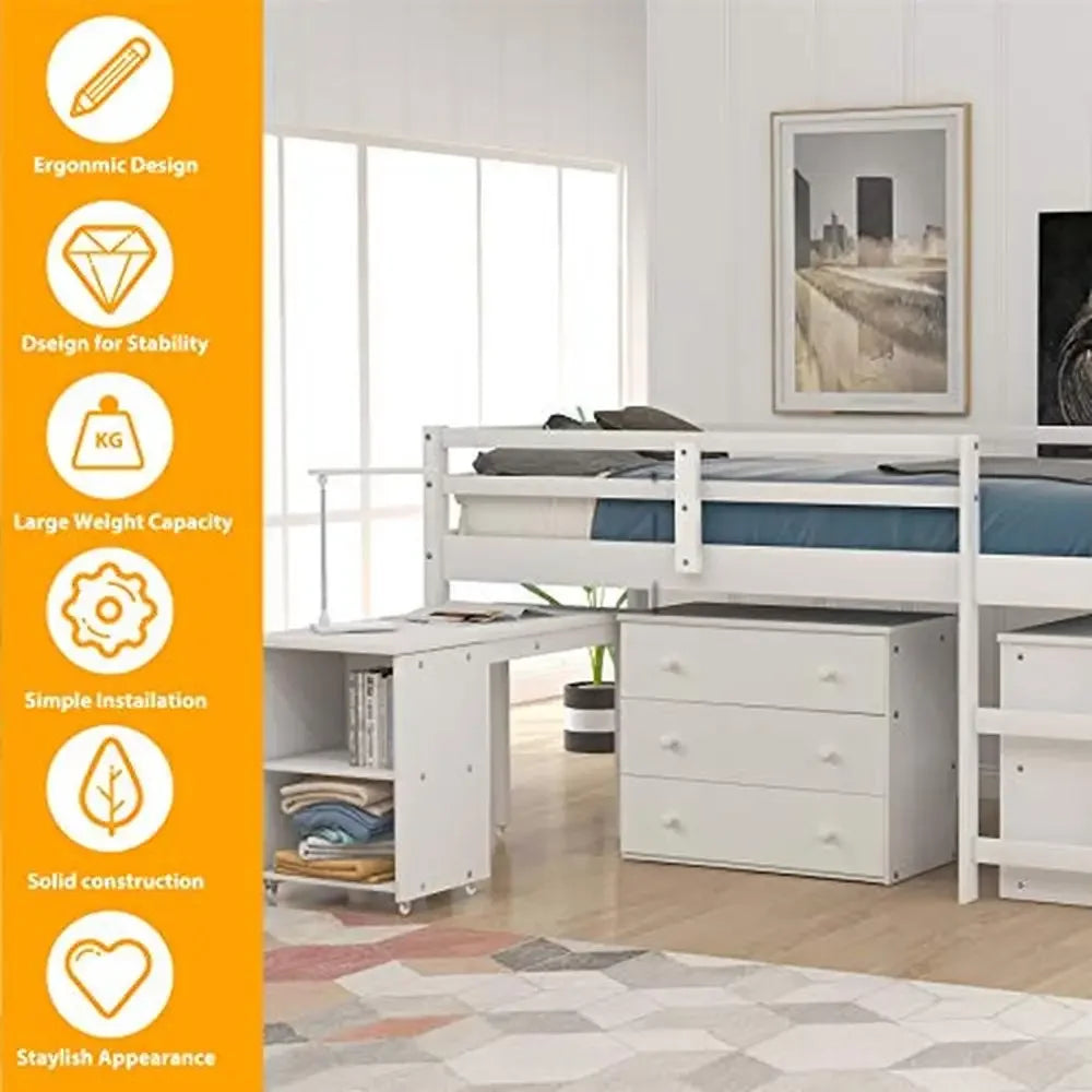 Twin Loft Bed Desk Storage Cabinet Rolling Desk Kids Teenagers Functional Aesthetic Bunk Bed White Durable Portable Guardrails