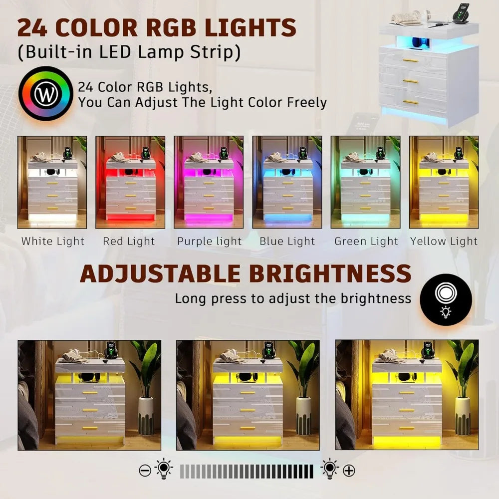 Bedside Table Nightstand with 24 Color LED Light  (White,1PC)