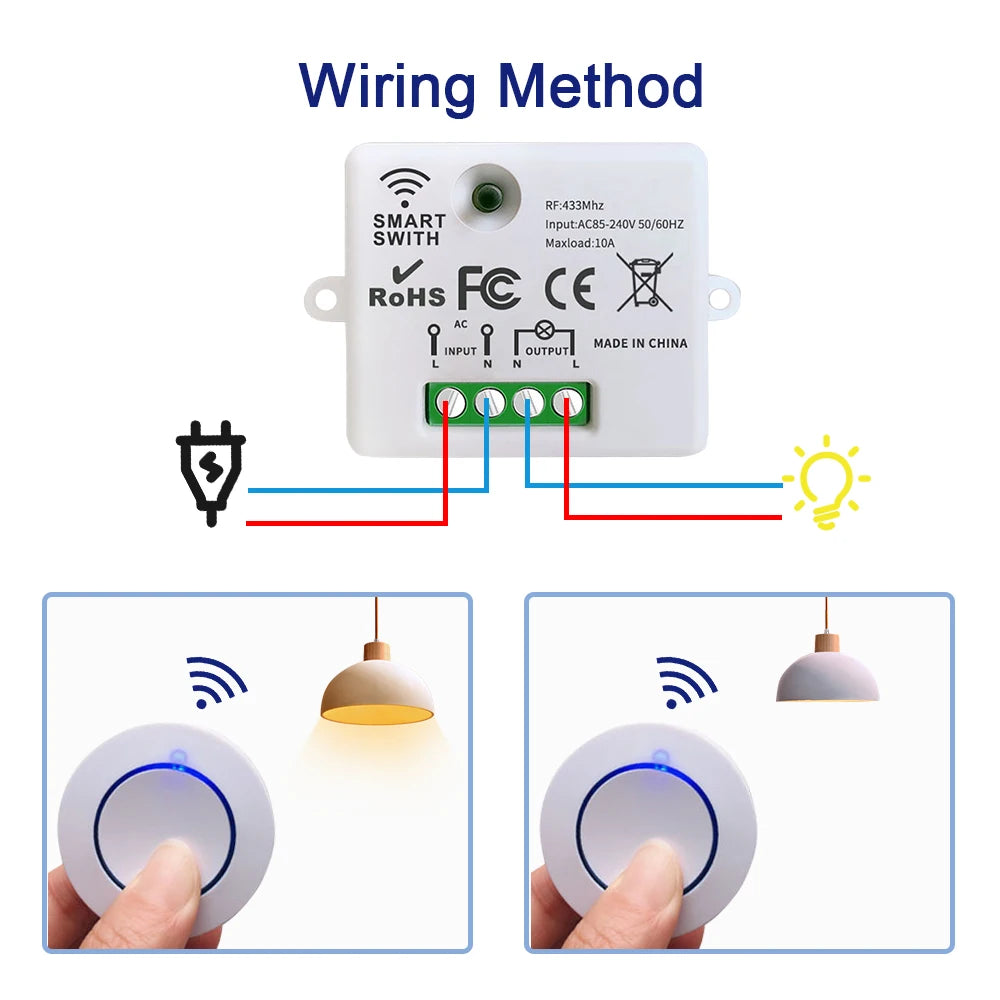 Wireless RF 433MHz Remote Control Switch AC 220V 10A Relay Receiver and Round Button Transmitter for Light Lamp Fan ON/OFF