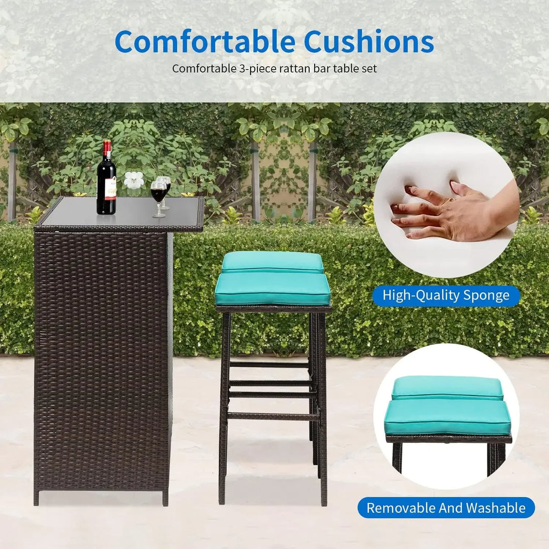 3PCS Patio Bar Set Outdoor Furniture Set Wicker Bistro Set with Two Stools for Patio Backyard Balcony