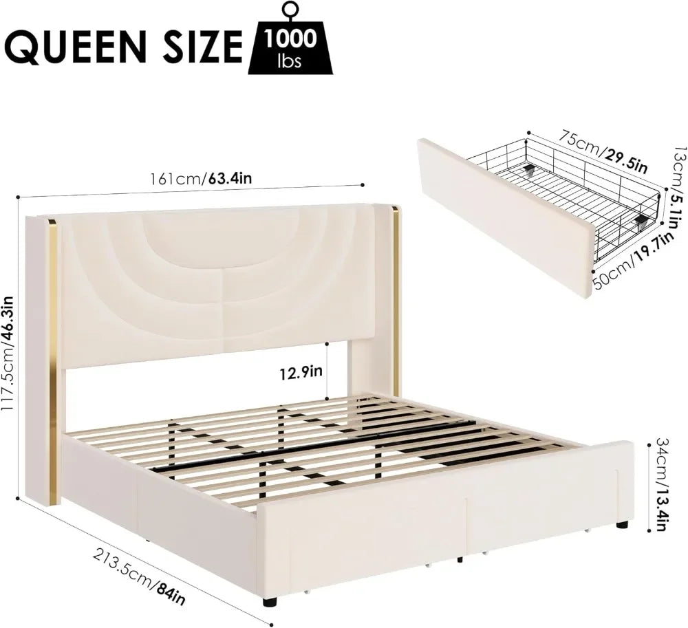 Queen Upholstered LED Bed Frame with 2 Storage Drawers, Velvet Platform Bed with Wingback Headboard, Solid Wooden Slats Support