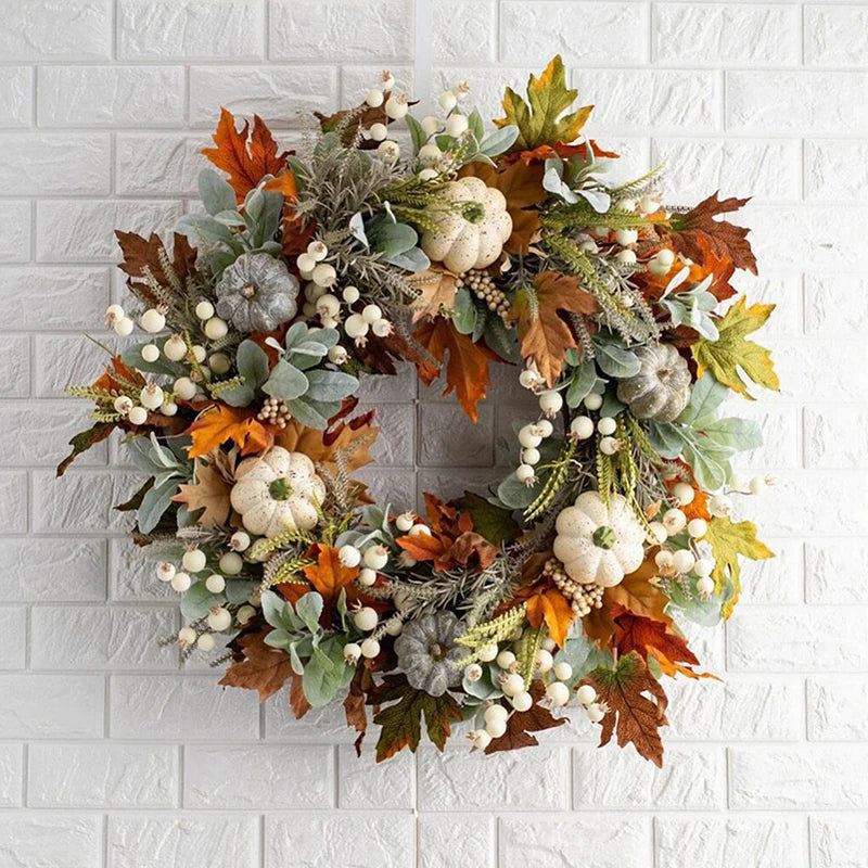 45cm Fall Wreaths Pumpkin Berry Maple Leaf Artificial Wreath Harvest Autumn Door Wreath Christmas New Years Home Hanging Decor