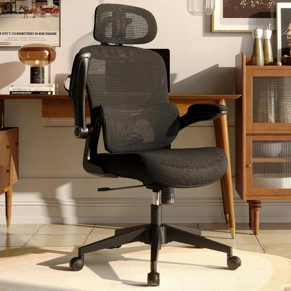 Ergonomic Mesh Office Chair, High Back Desk Chair with Adjustable Lumbar Support, Flip-Up Arm, Headrest, Swivel Rolling Wheel