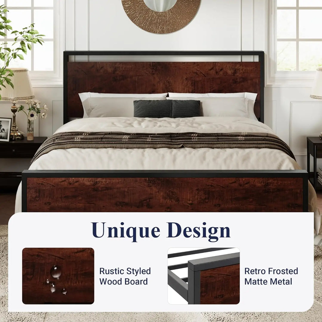 Queen Size Platform Bed Frame with Wooden Headboard and Footboard, Heavy Duty 12 Metal Slats Support