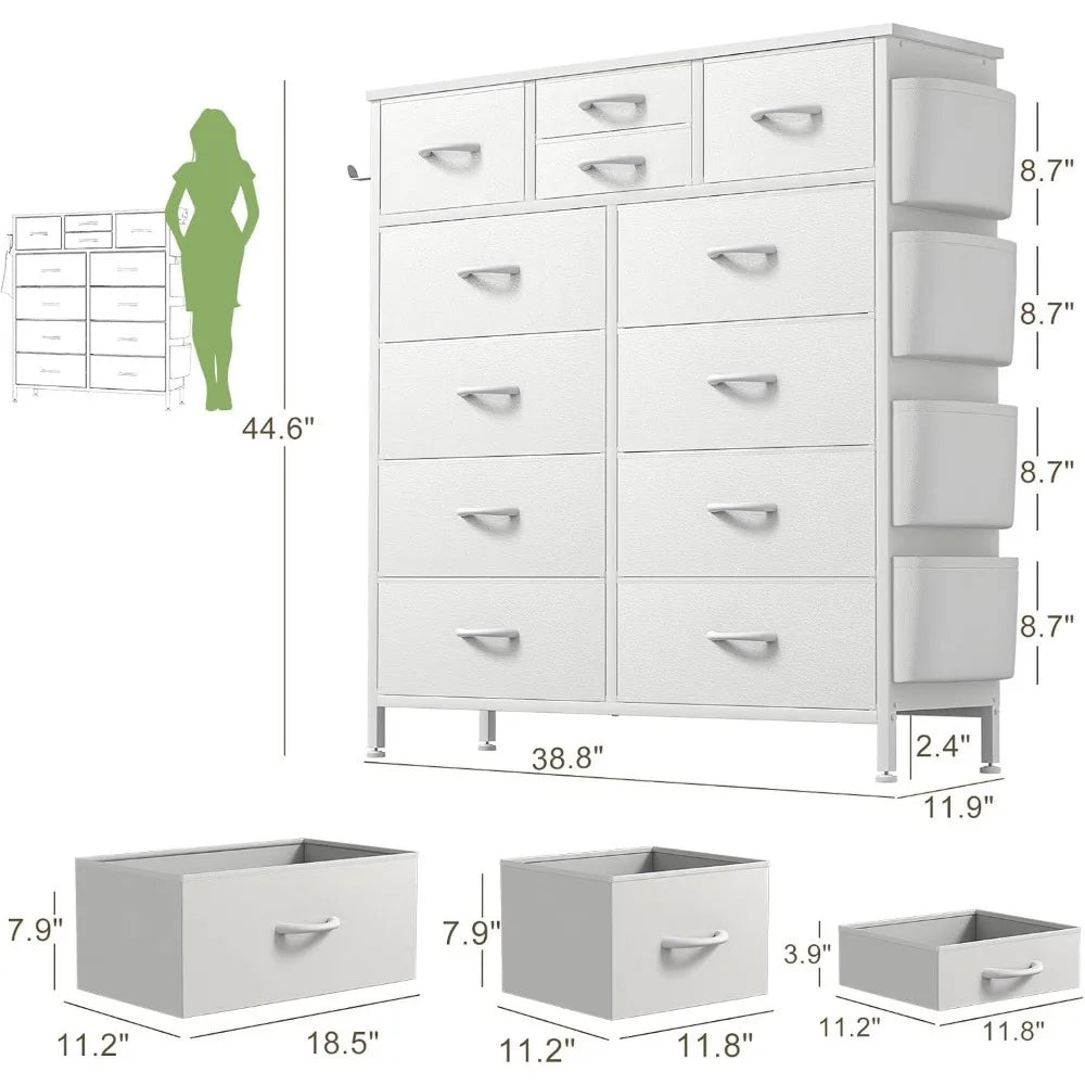 Dresser for Bedroom with 12 Drawers, Chest of Drawers with Side Pockets and Hooks, PU Fabric Dresser Drawers for Living Room