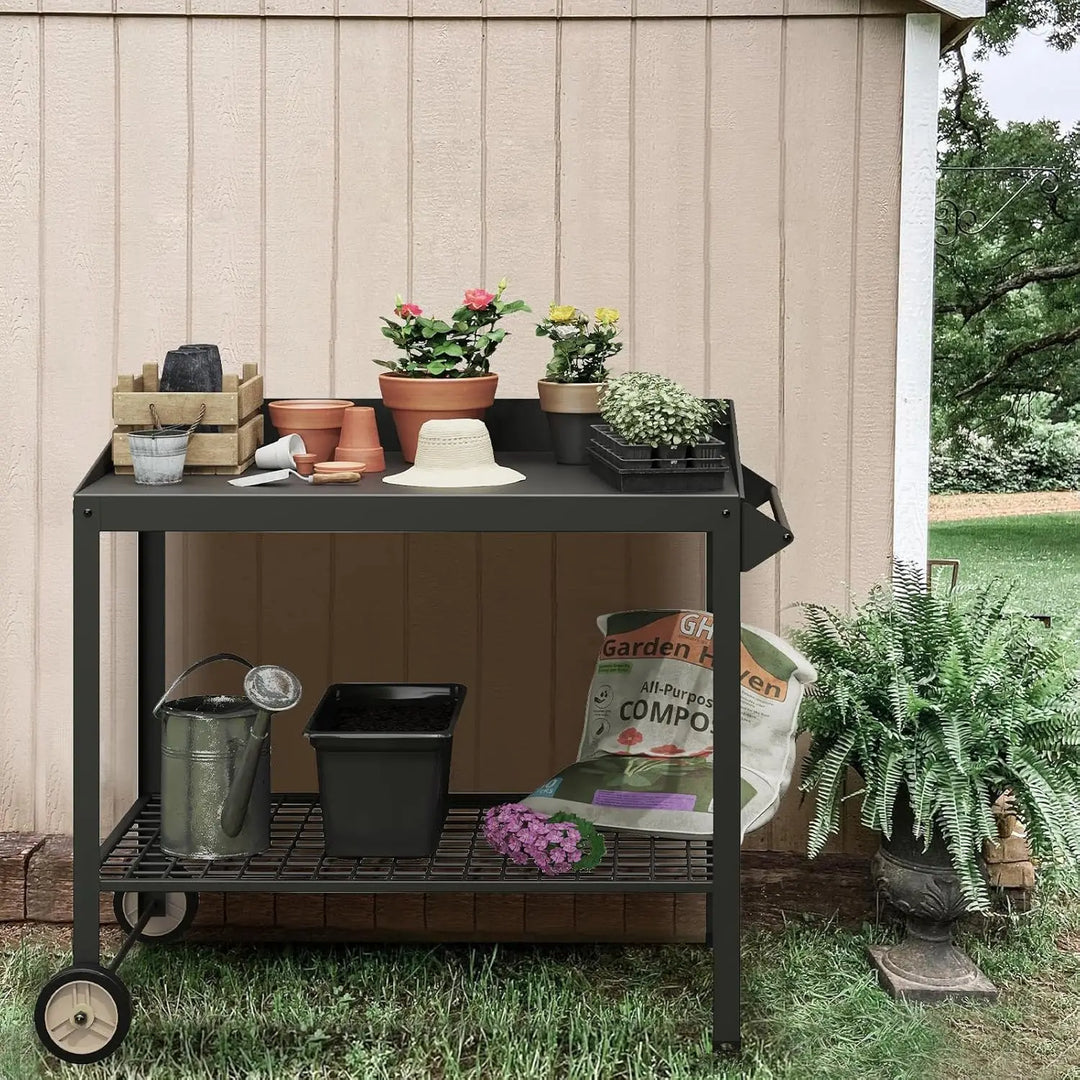 Metal Potting Bench with Wheels Planting Table for Outdoor Gardening Work Benches for Outside Potters Station Weatherproo