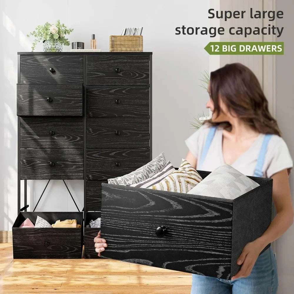 Tall Dressers for Bedroom, 12 Drawer Black Dresser & Chest of Drawers for Closet Hallway, Living Room, Bedroom Furniture