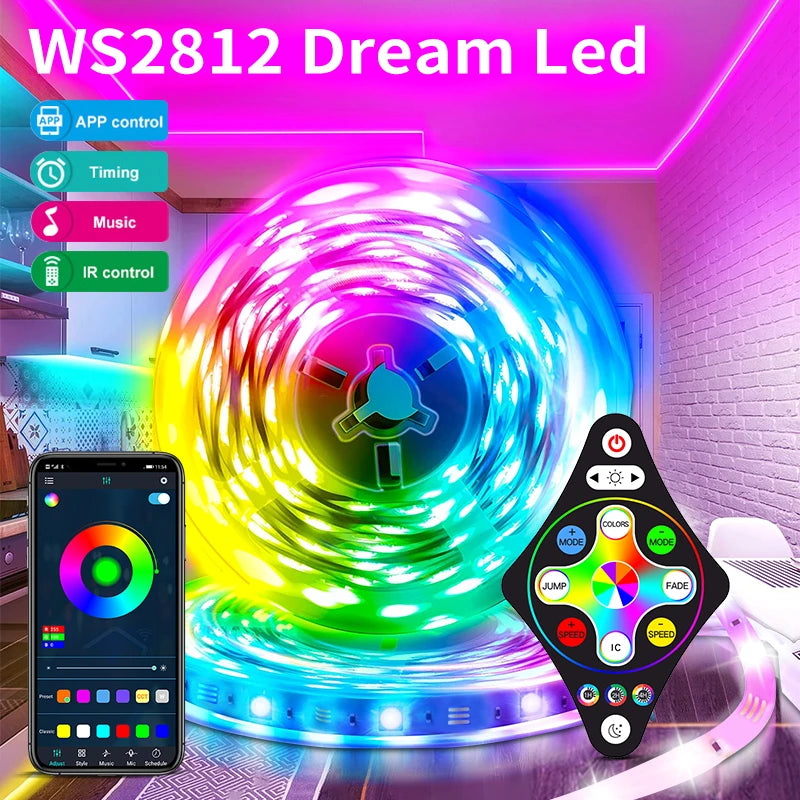 WS2812 Dream LED Strip Lights Bluetooth Control Tape Full Set With Power Supply+remote RGB Smart Led Light Bedroom Decoration