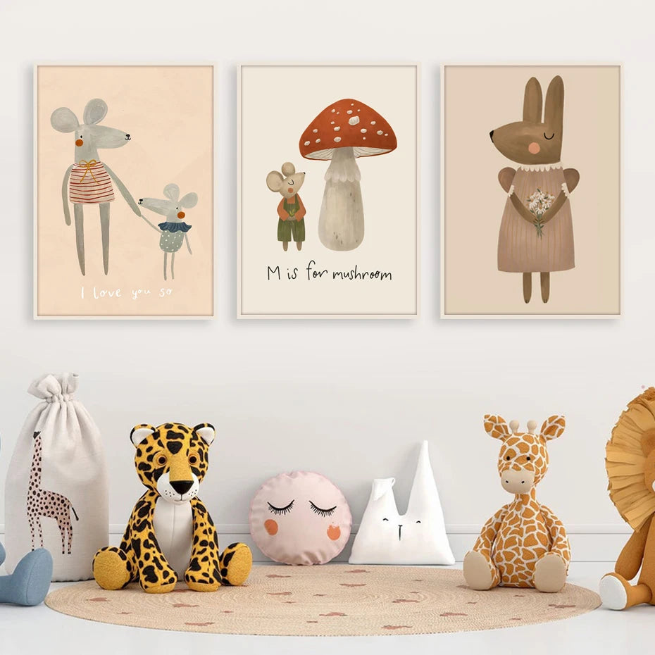 Boho Cartoon Rabbit, Mouse, Goose, Nursery Wall Art Canvas Painting Prints For Your Baby & Kids Room Décor