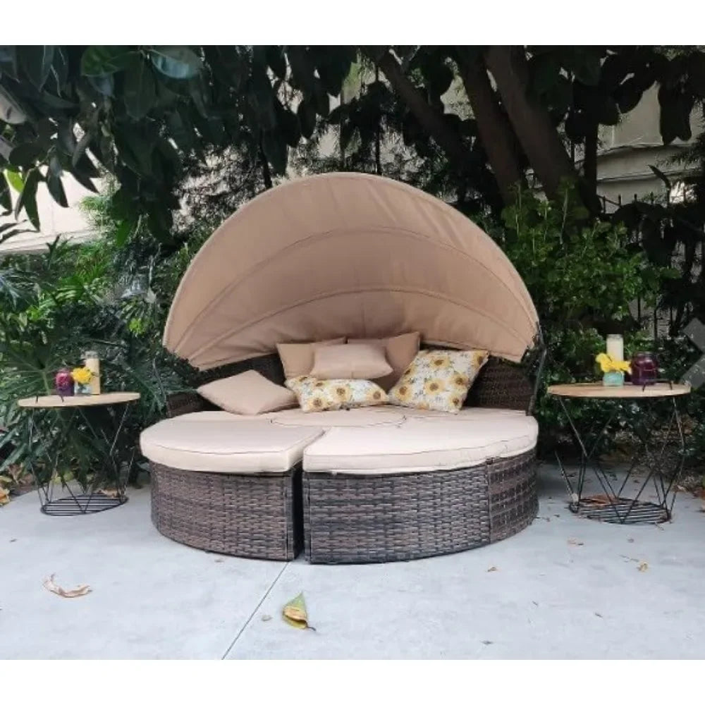 Canopy Bed Round Daybed with Washable Cushions, Clamshell Sectional Seating Wicker Furniture with Retractable Canopy (Brown）