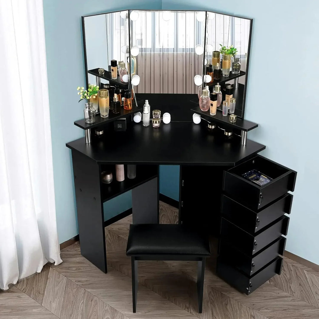 Vanity with Lights - Makeup Vanity Desk with 3 Color Lighting Modes Adjustable Brightness, Vanity Table with 5 Rotating Drawers