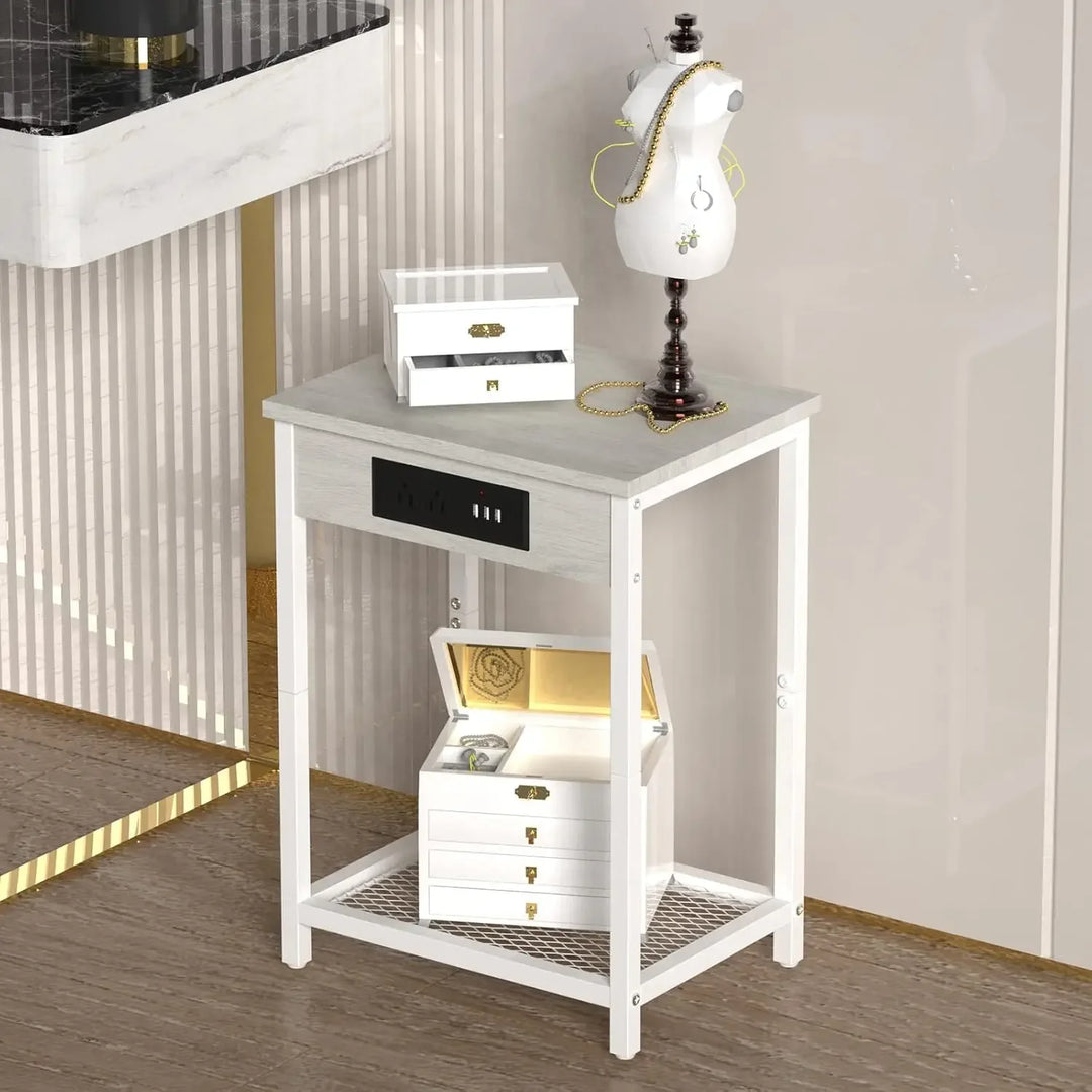 Nightstands Set of 1 with Charging Station, 2 Tier Bedside Table with USB Ports and Outlets, Narrow End Table with Storage Shelf