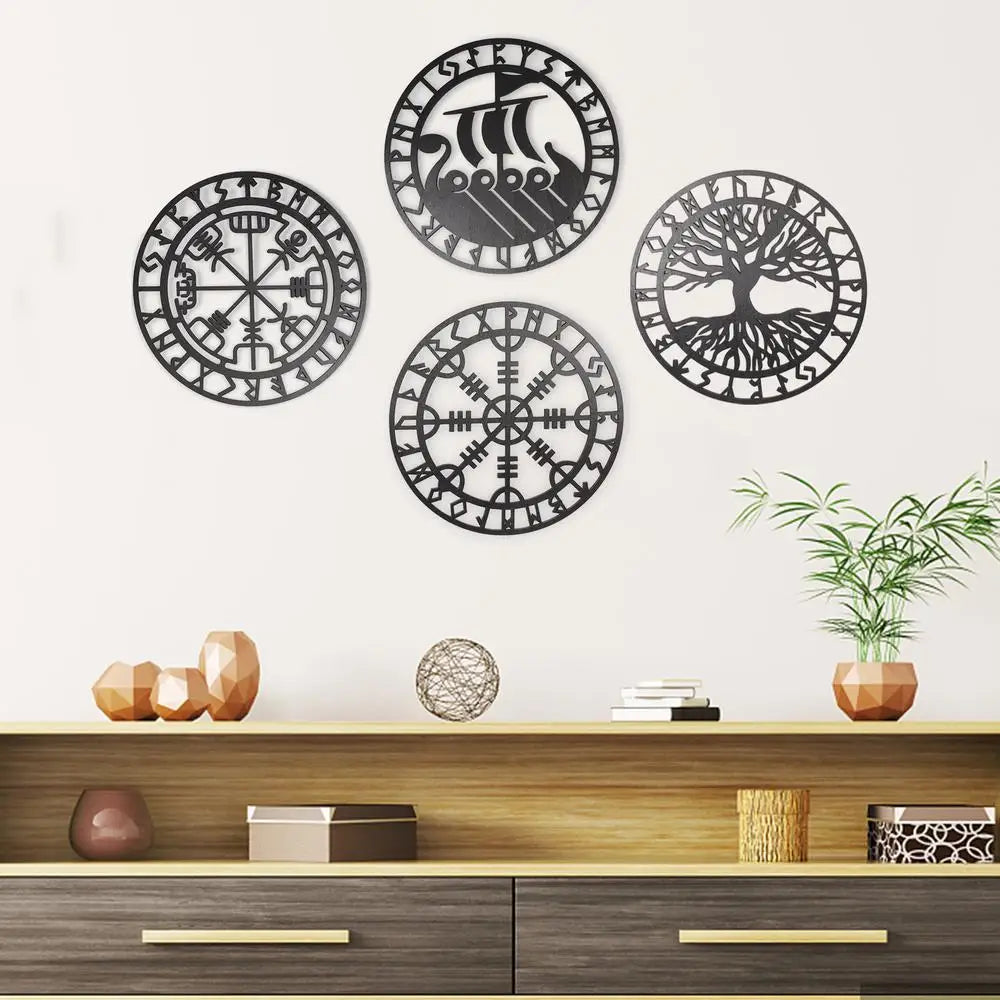 4PCS Set, Round Wooden Celtic Family Tree Wall Art, Nordic Viking Runes Wall Décor