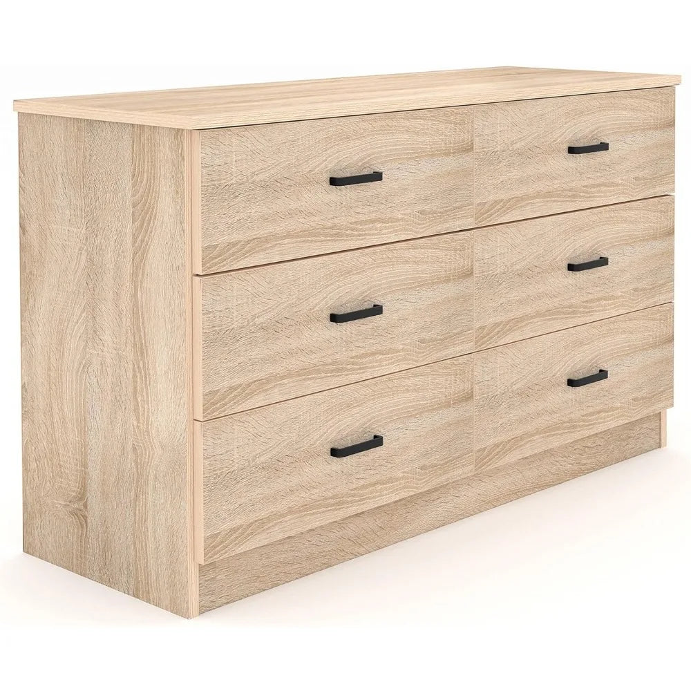 Wood Dresser for Bedroom, 6 Drawer Double Dresser with Metal Handles, 15.8" D x 47.2" W x 27.7" H, Light Oak