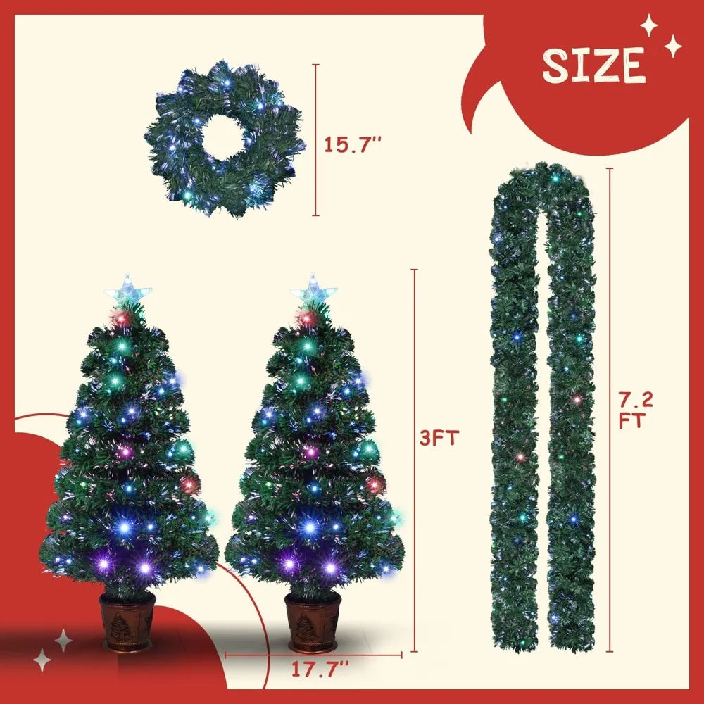 4-piece Christmas Tree Wreath Set, 2 7.2-foot Fiber Optic Christmas Tree Wreaths and Wreaths, Christmas Day Decoration