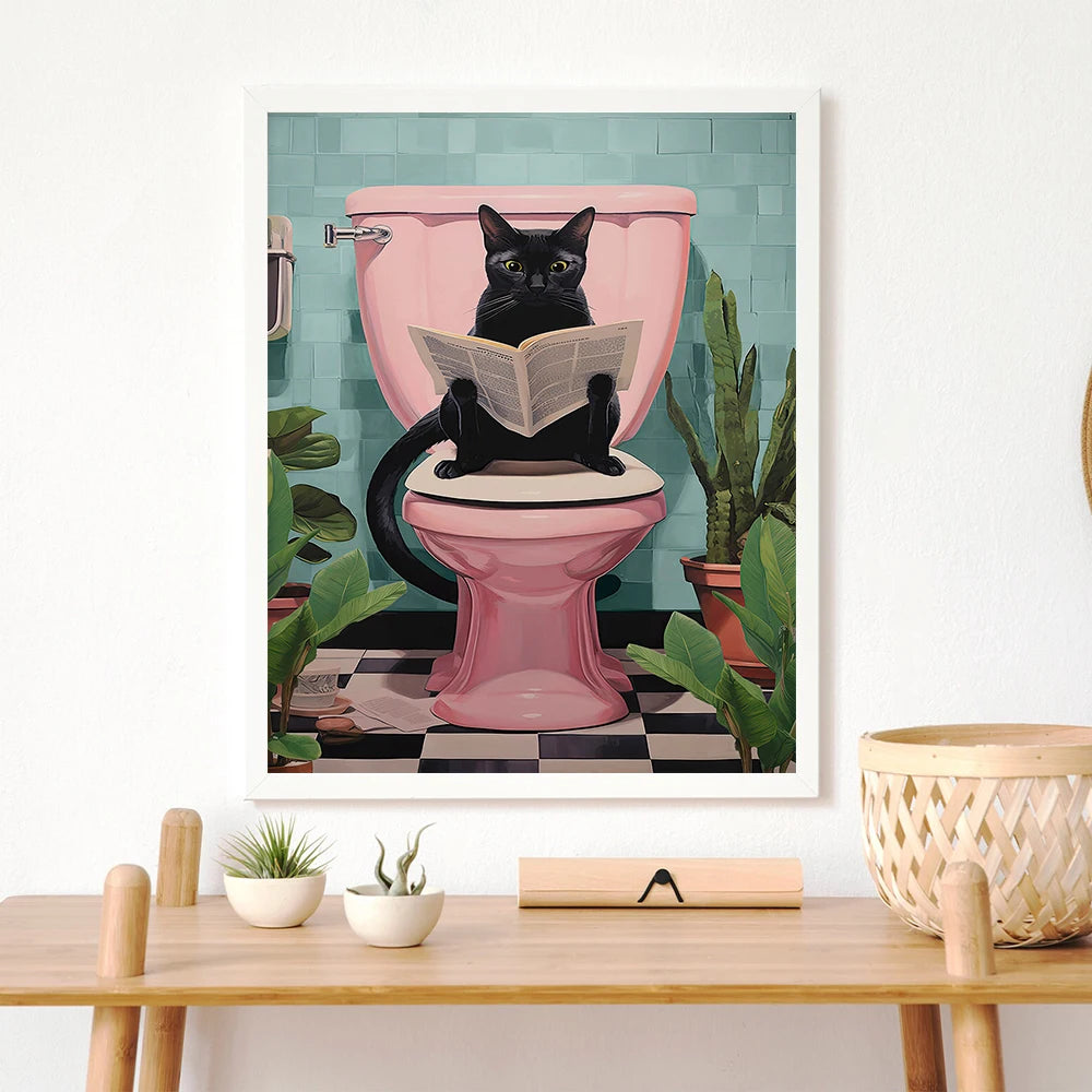 Funny Black Cat Using Toilet Wall Art Cat Reading Newspaper Canvas Posters Prints Pictures Home Batnroom Living Room Decoration