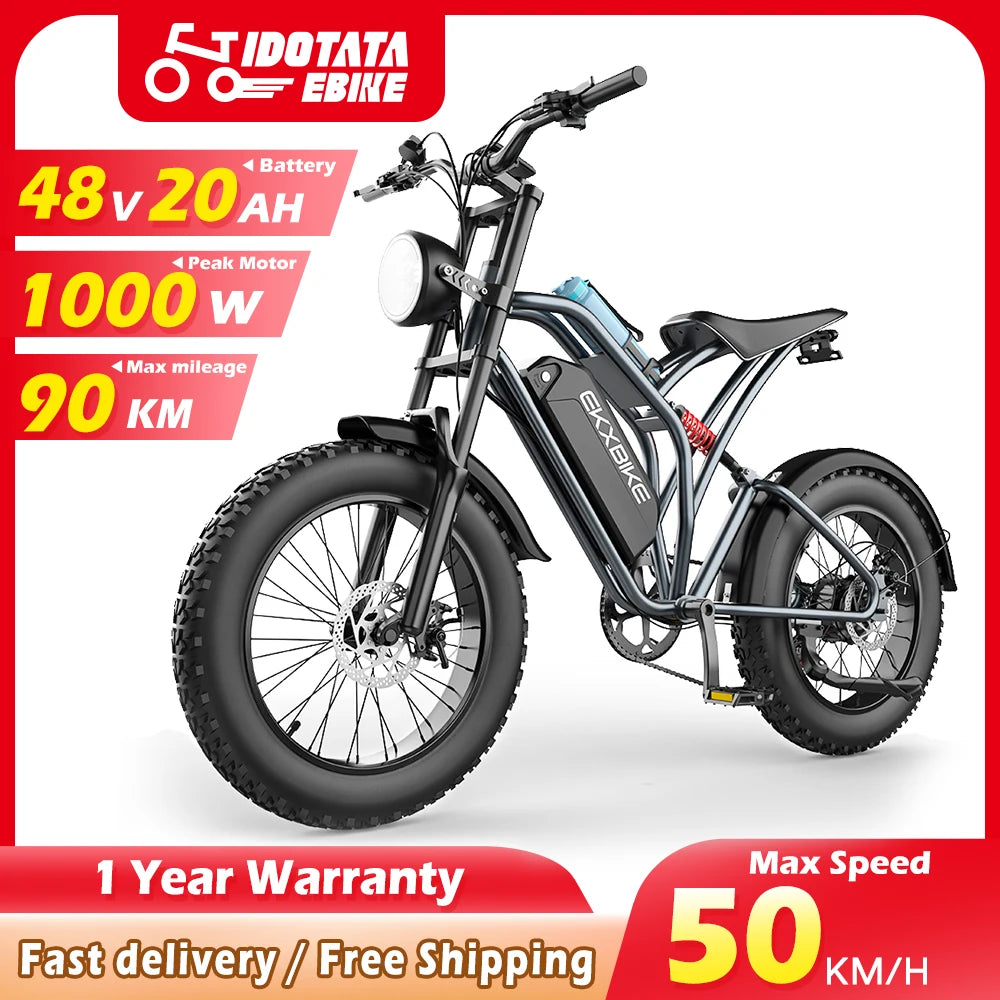 IDOTATA T1 Electric Bike 1000W Motor 48V20AH Lithium Battery 55Kmh 20‘’*4.0 Fat Tires Electric Bicycle For Adults Mountain EBike