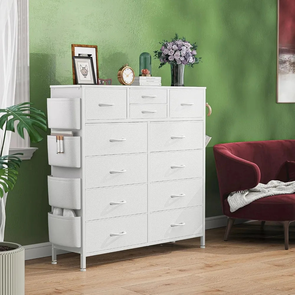 Dresser for Bedroom with 12 Drawers, Chest of Drawers with Side Pockets and Hooks, PU Fabric Dresser Drawers for Living Room