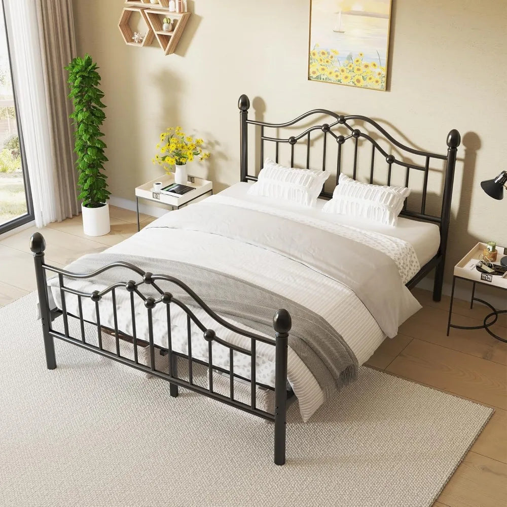 Metal Bed Frame with Classical Headboard and Footboard, Platform Bed Frame with Sturdy Metal Slats Support