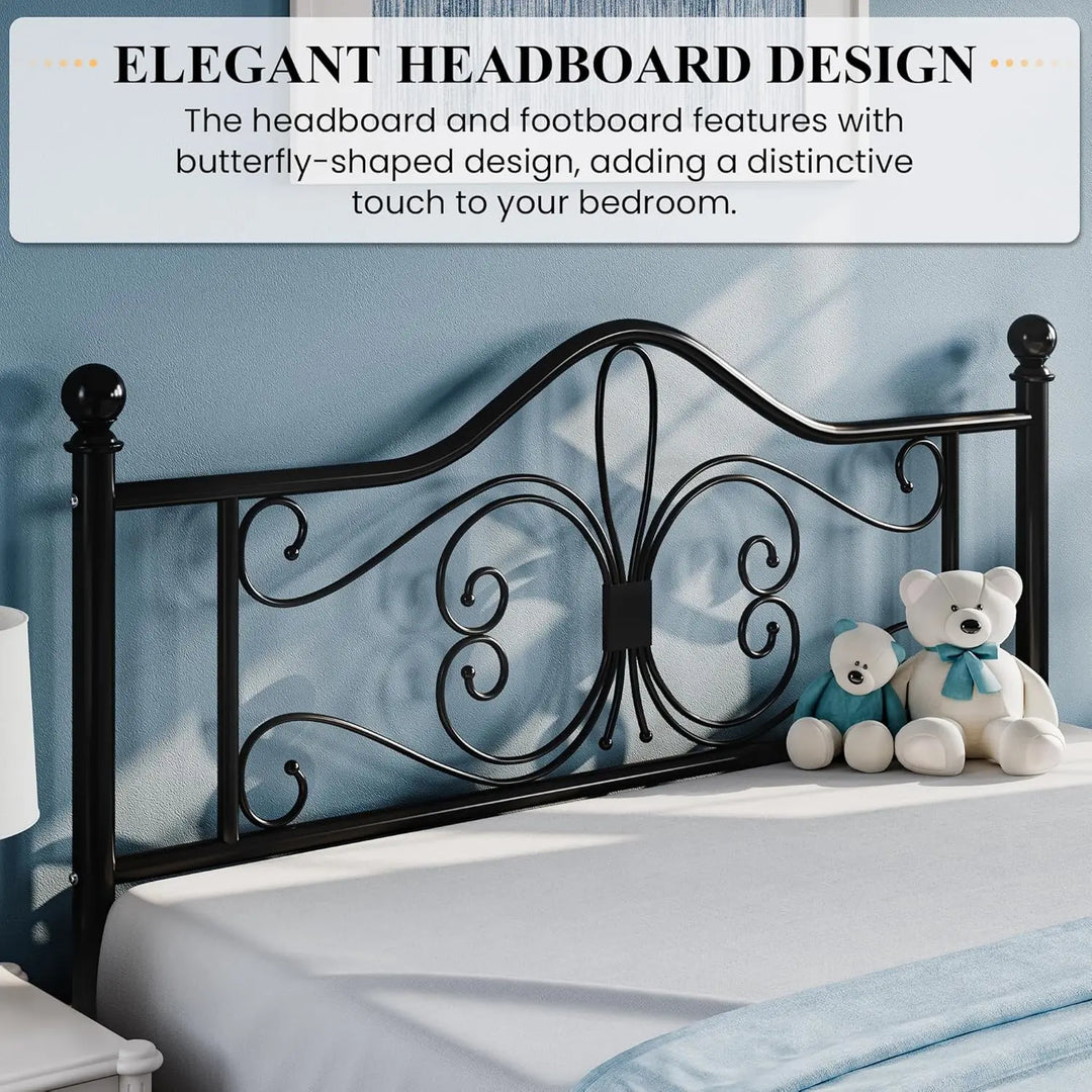 Queen Size Bed Frame and Headboard,Metal Bed Frame with Butterfly Pattern Design Headboard