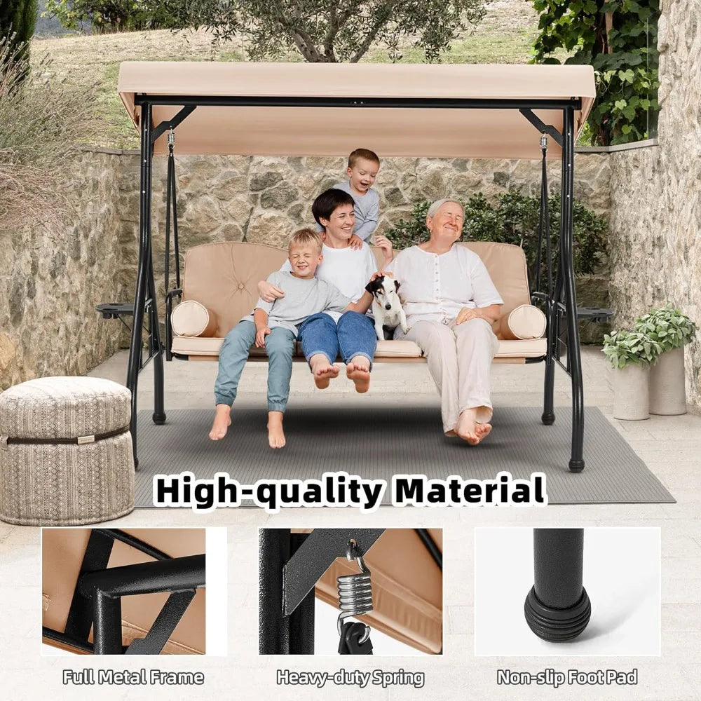 3 Seat Outdoor Porch Swing,Adjustable Canopy Porch Swings,Outdoor Swing with Stand,  Glider Chair with Thicken Patio Swings