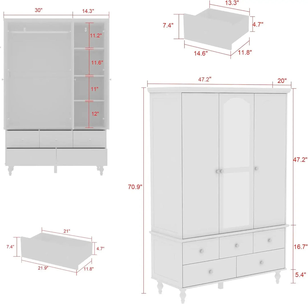 Wardrobe Armoire Closet w/Mirror, Retro Wardrobe Cabinet w/5 Drawers & Hanging Rod, Bedroom Armoire Dresser  Clothes Organizer