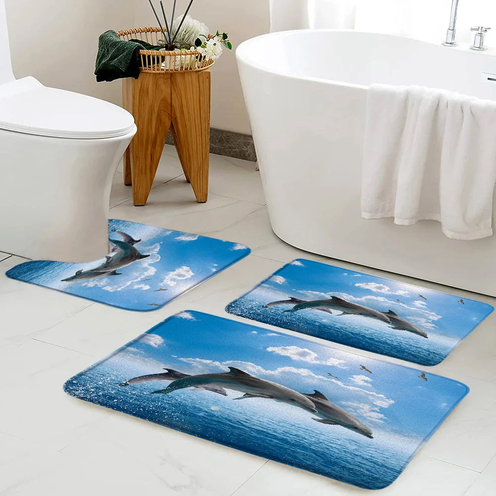 Ocean Animals Bath Mat Set Funny Dolphins Sea Turtle Fish Coral Underwater Scenery Kids Bathroom Decor Non-slip Rug U-shaped Mat