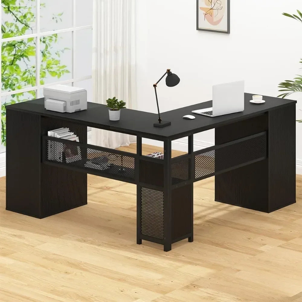 L Shaped Desk with File Drawers Shelves, Reversible Corner Metal Wood Computer Desk w/ Storage Cabinet, Work Writing Study Table