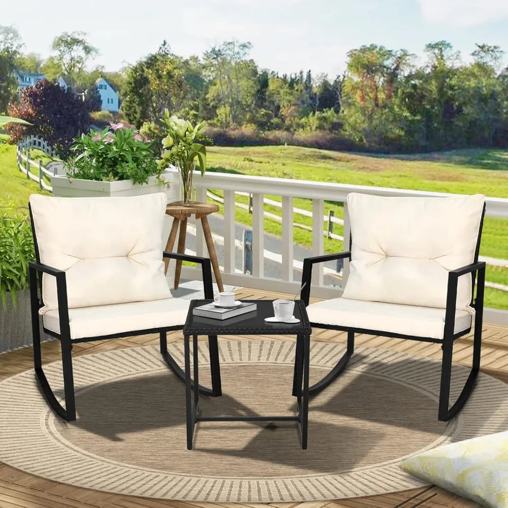 Outdoor Rocking Bistro Set  Wicker Furniture Porch Chairs Conversation Sets with Glass Coffee Table