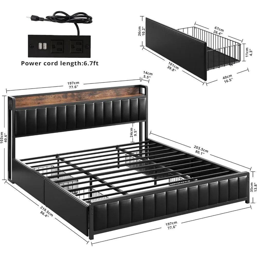 King Bed Frame w Storage Drawers Headboard & Footboard, Upholstered Platform Bed with USB Ports & Outlets, No Box Spring Needed