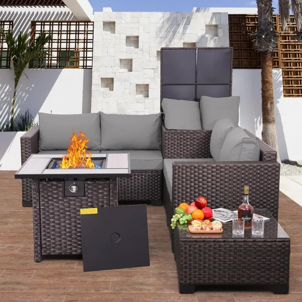 Outdoor Sofa Sets, Wicker Outdoor Brown Rattan Sectional Sofa Loveseat Couch and Propane Fire Pit, Outdoors  Gardens Sofas Sets