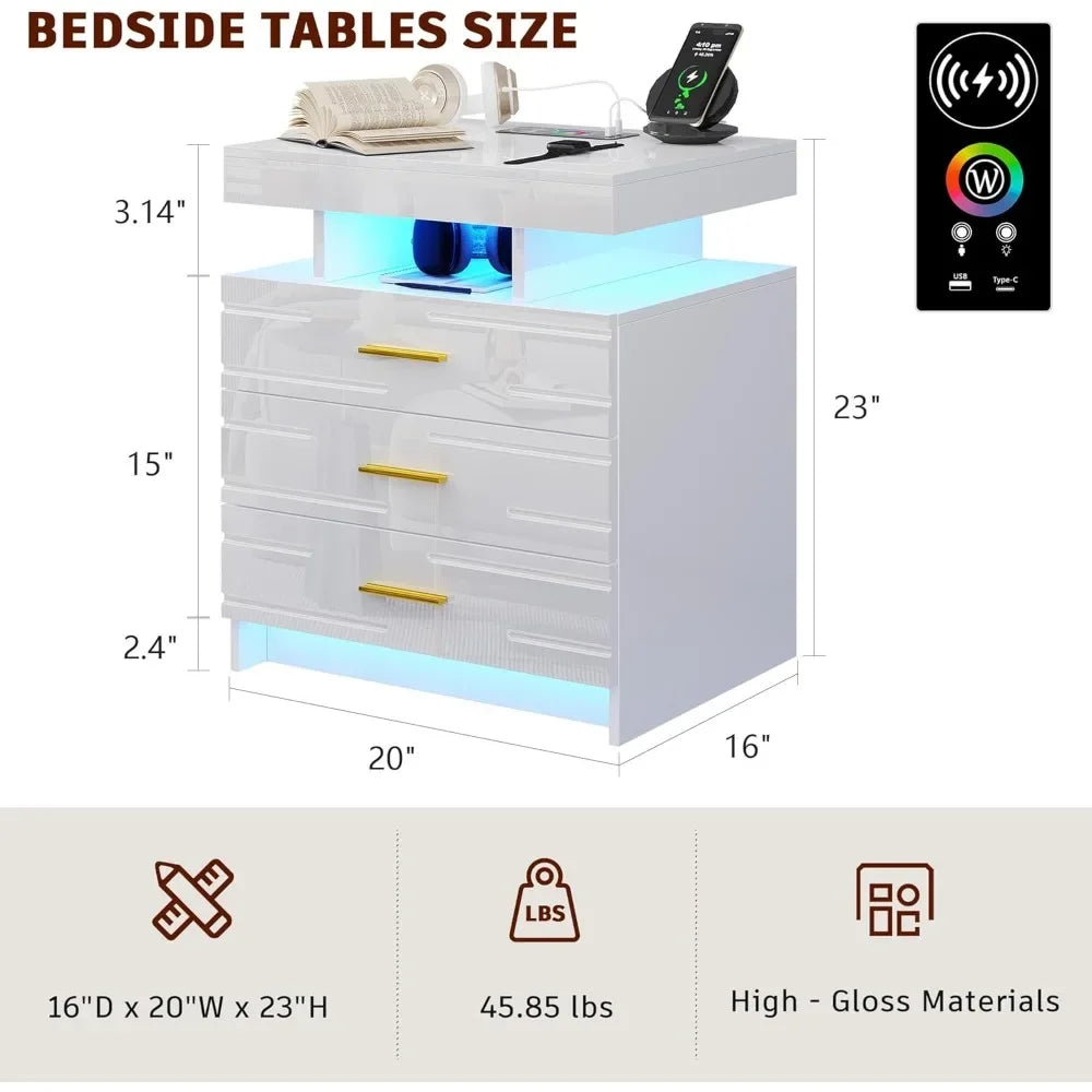 Bedside Table Nightstand with 24 Color LED Light  (White,1PC)