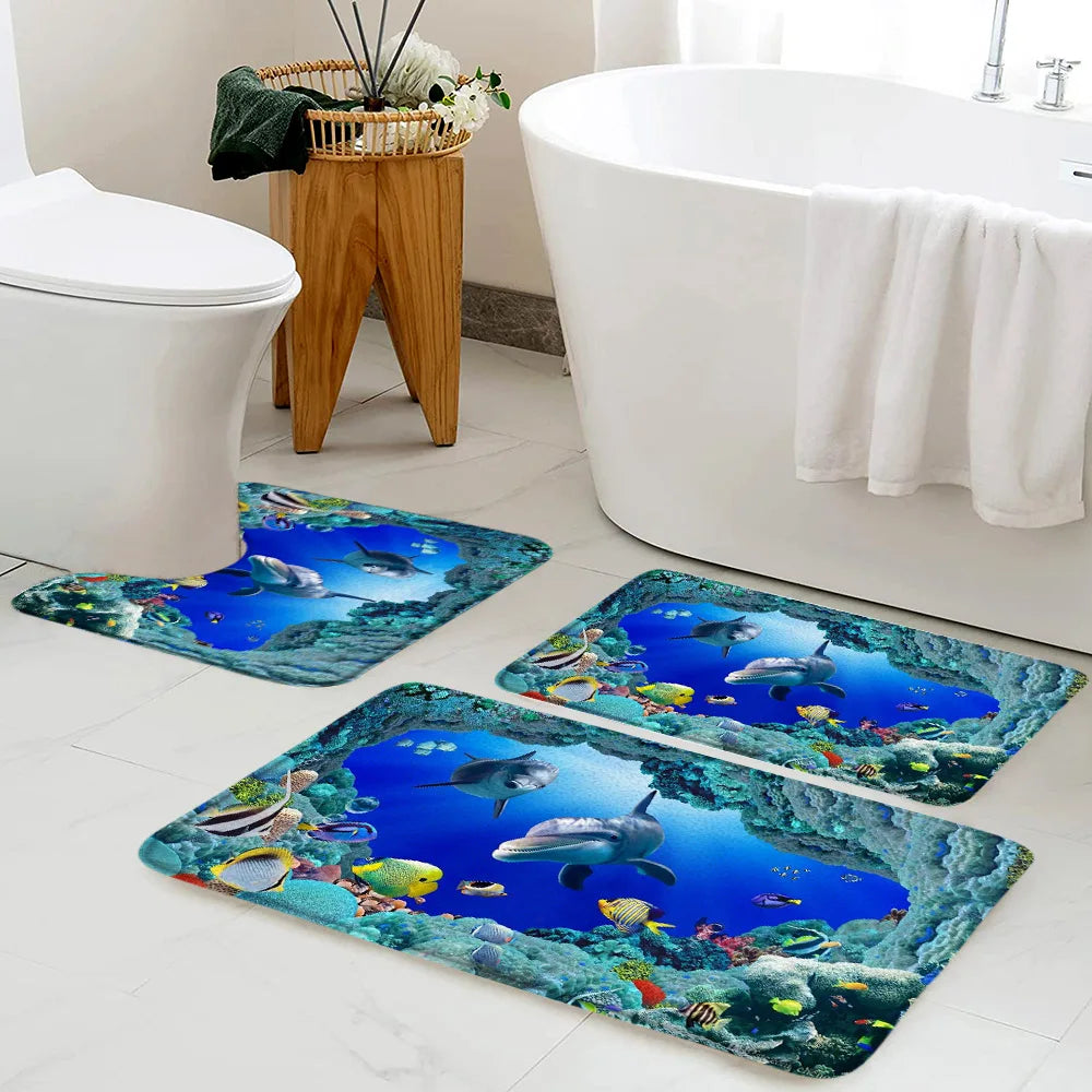 Ocean Animals Bath Mat Set Funny Dolphins Sea Turtle Fish Coral Underwater Scenery Kids Bathroom Decor Non-slip Rug U-shaped Mat