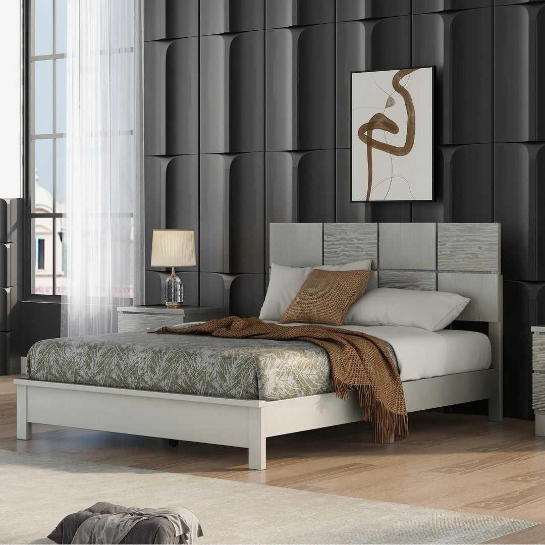 [Flash Sale]5 Pieces Champagne Silver Bedroom Sets 1 Queen Bed + 2 Nightstand + 1 Dresser + 1 Mirror[US-W]