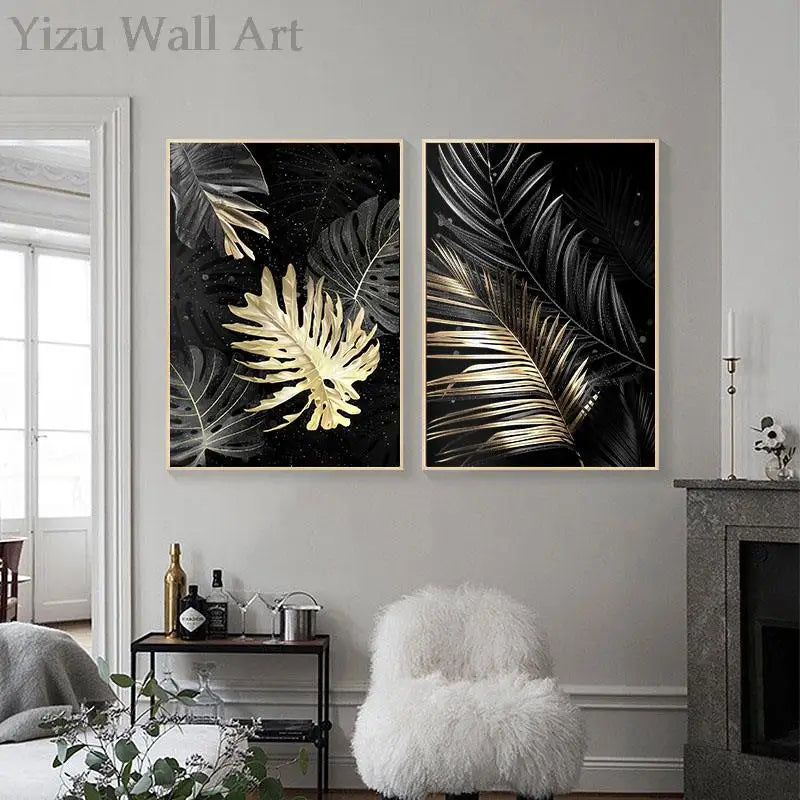 Palm Leaves Beautiful Black Gold Canvas Paintings Prints Modern Artwork Nordic Aesthetic Wall Art Poster Pictures Home Decor