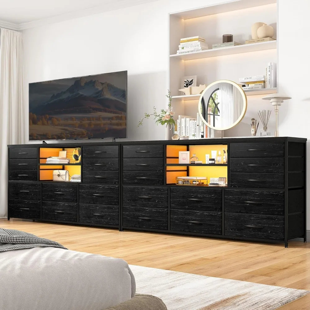 Dresser with LED Lights & Power Outlets, 12 Drawers Dresser TV Stand for 60''TV for Bedroom Dresser Fabric Dressers