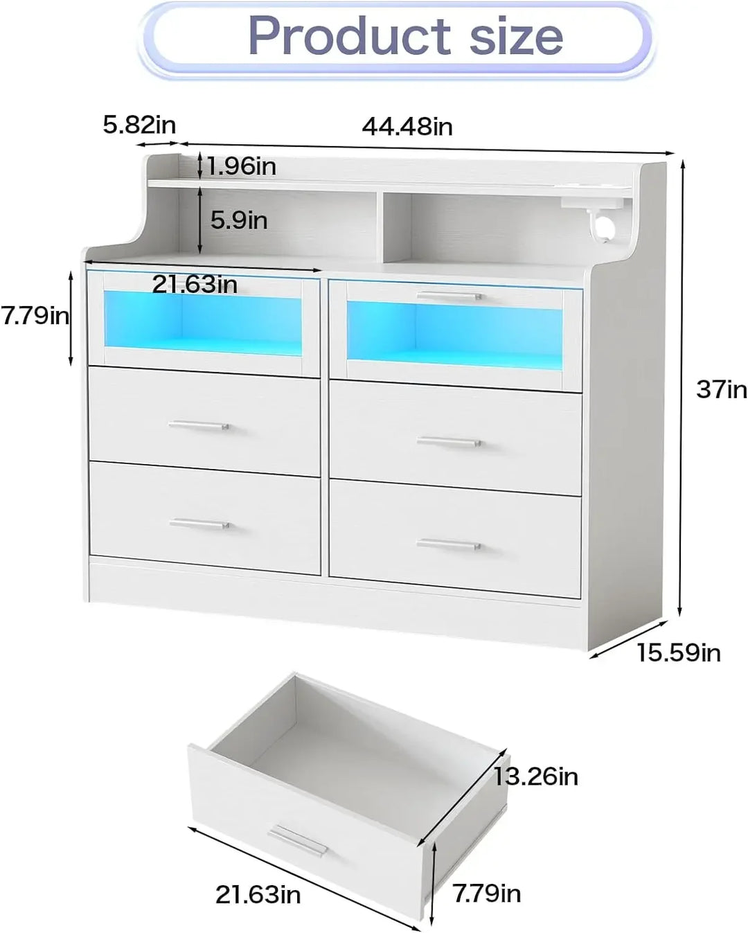 White 6 Drawer Dresser for Bedroom,Wide Chest of Drawers with Fence&Led Lights,Modern Wood Dresser with Charging Station