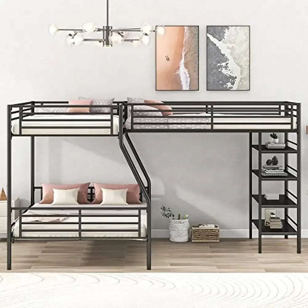 L-Shaped Metal Corner Bunk Bed with Loft & Shelves Twin Over Full Bunk Bed Integrated Ladder & Guardrails No Box Spring Needed