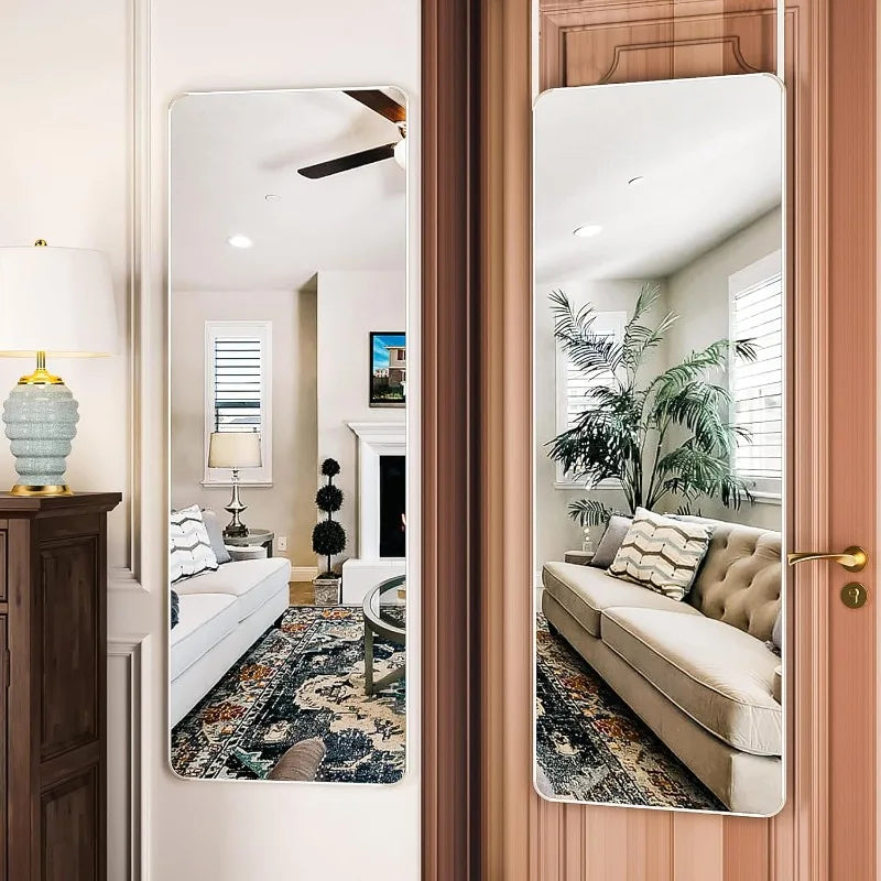 Door Mirror, Full Length Mirror Over The Door, 14'' x 48'' Hanging Mirror, Rounded Rectangular Wall Mounted/Hanging/Leaning