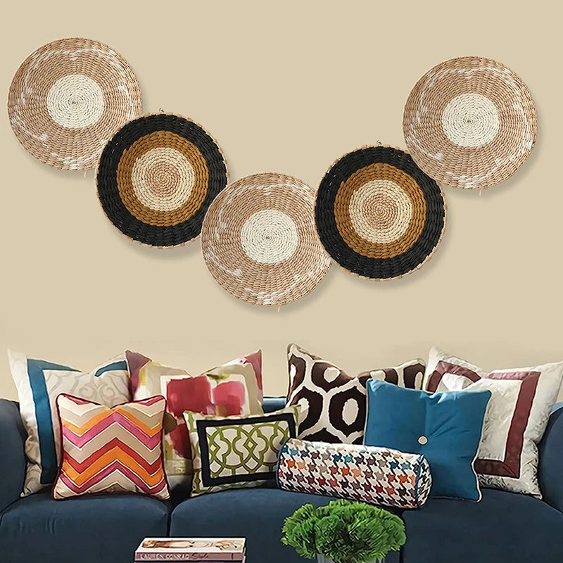 Boho Hanging Wall Décor, Woven, Wall Basket Plate Straw Home Home Art, For Living Room/Farmhouse/Kitchen, Natural & Handmade