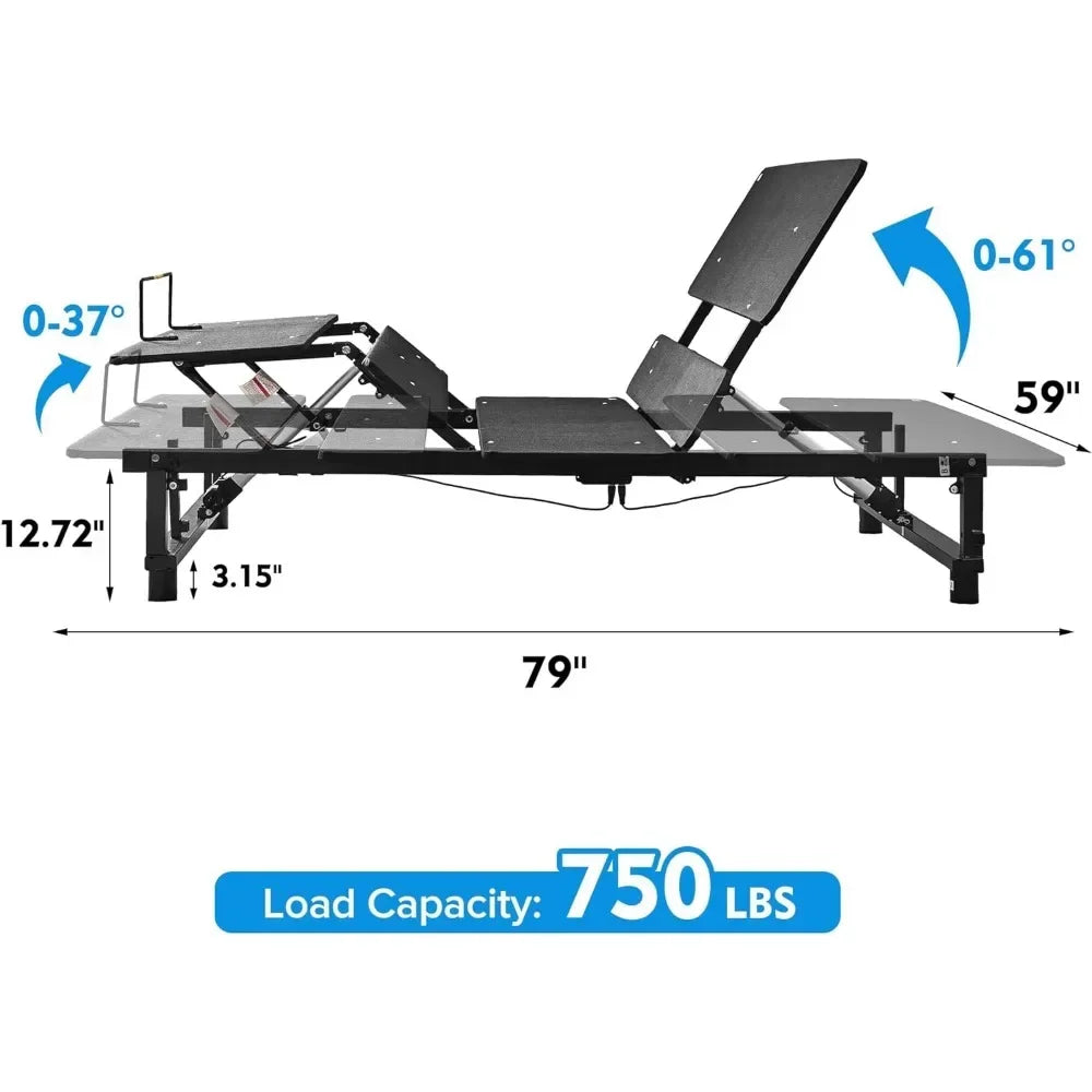 Adjustable bed frame, ergonomic bed frame, head and foot tilt, zero gravity, wireless remote control, easy tool assembly