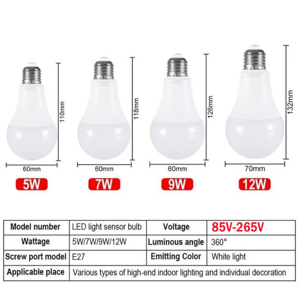 LDHLM Dusk To Dawn Sensor Light Bulb E27 5W 7W 9W 12W AC 110V 220V 85-265V Day Night Light Auto ON/OFF LED Smart Lamp