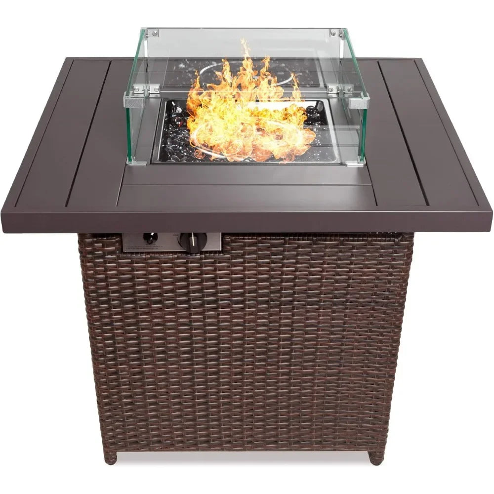 32in Fire Pit Table, 50,000 BTU Outdoor Wicker Patio Propane Gas w/Glass Wind Guard, Aluminum Tabletop, Glass Rocks, Fire Table