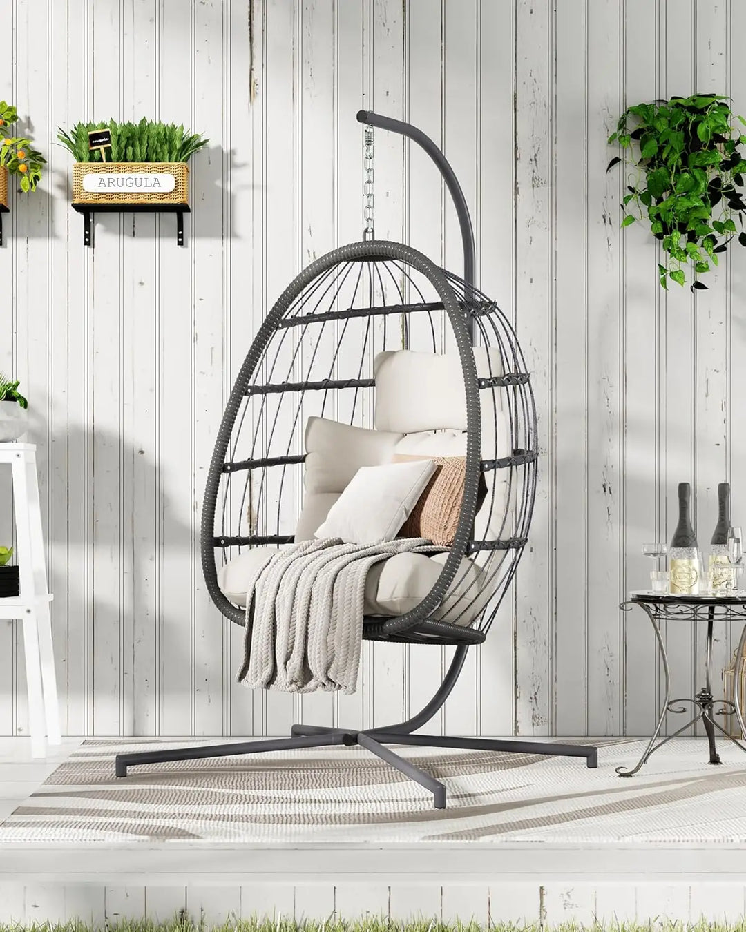 HWB Hanging Egg Chair with Stand, Patio Wicker Egg Swing Chair with Cushion for Bedroom Garden Indoor Outdoor