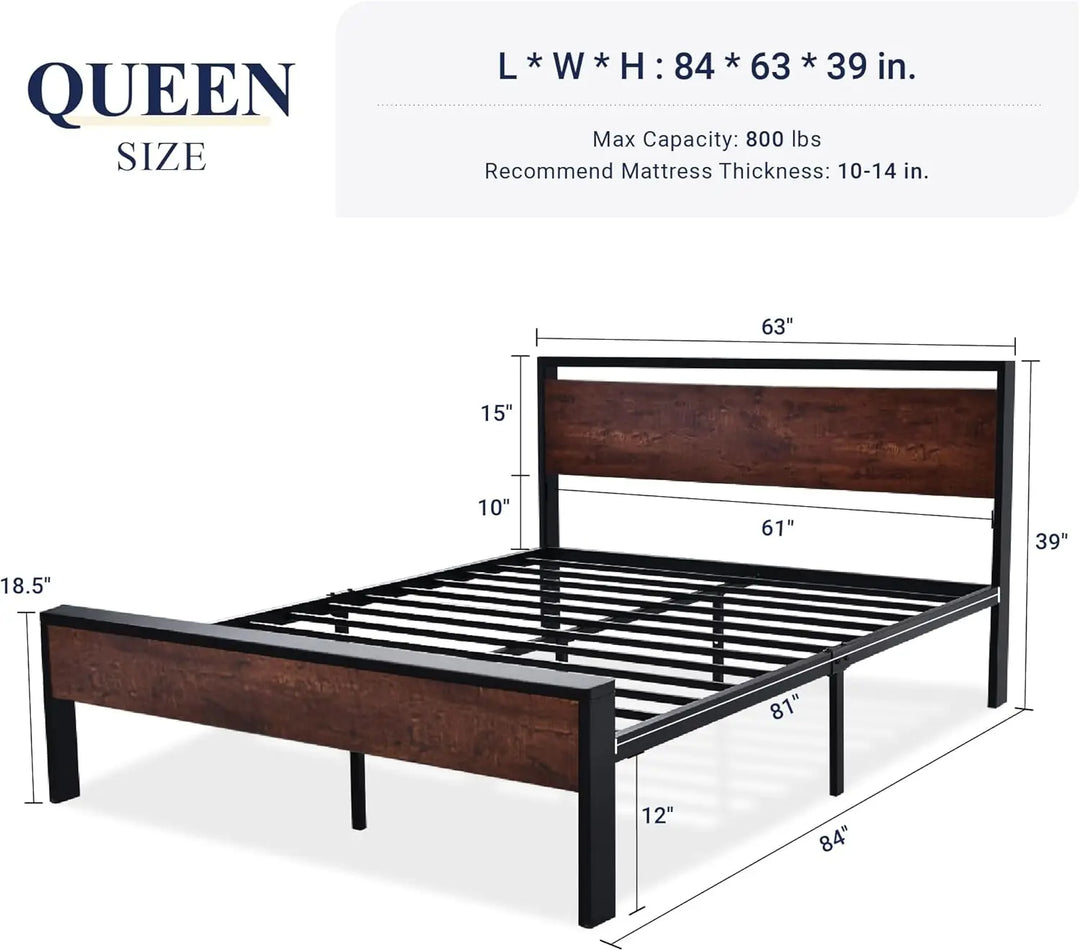 Queen Size Platform Bed Frame with Wooden Headboard and Footboard, Heavy Duty 12 Metal Slats Support