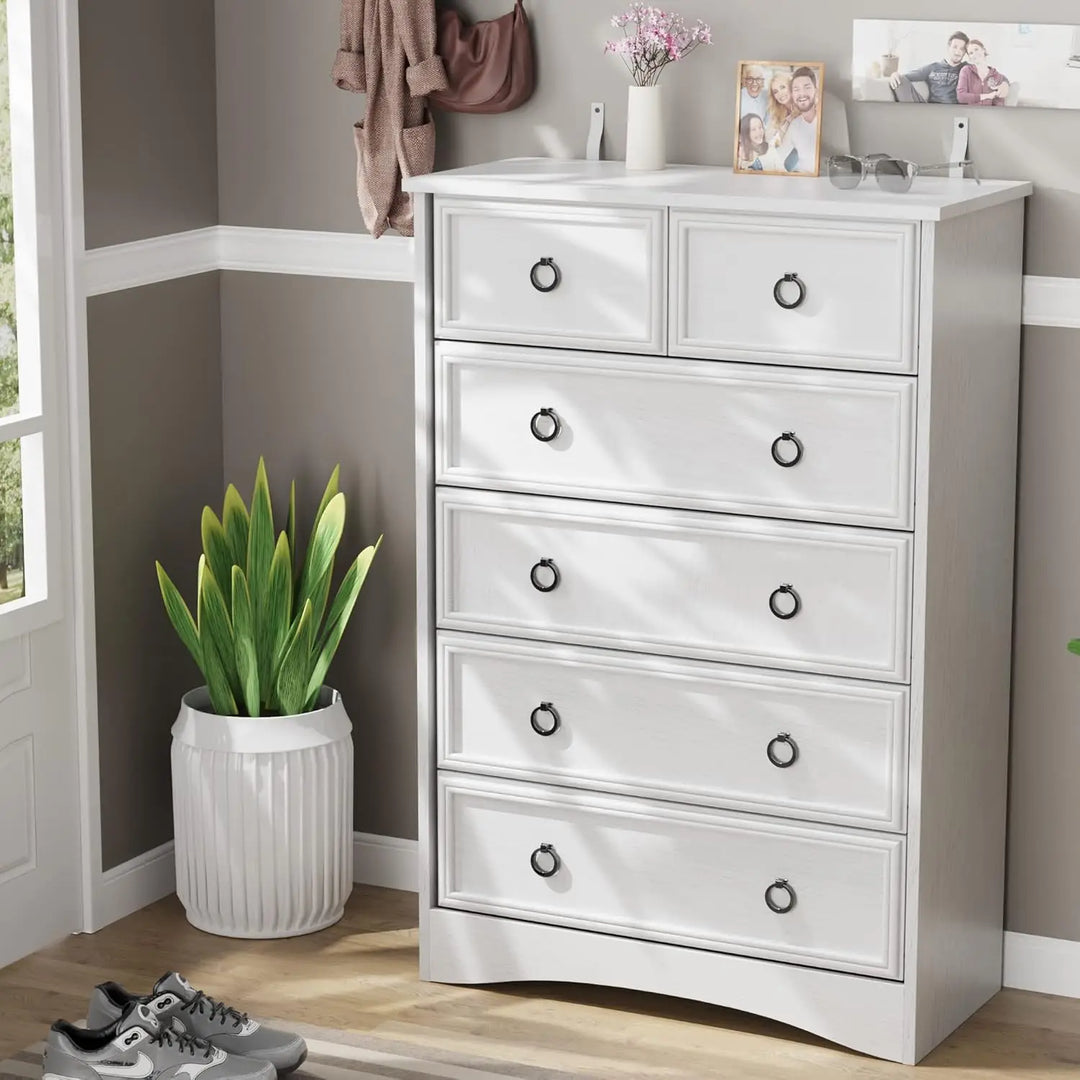 Tall Chest of Drawers Closet Organizers and Storage Clothes - Easy Pull Handle, Textured Borders Living Room, Hallway, White